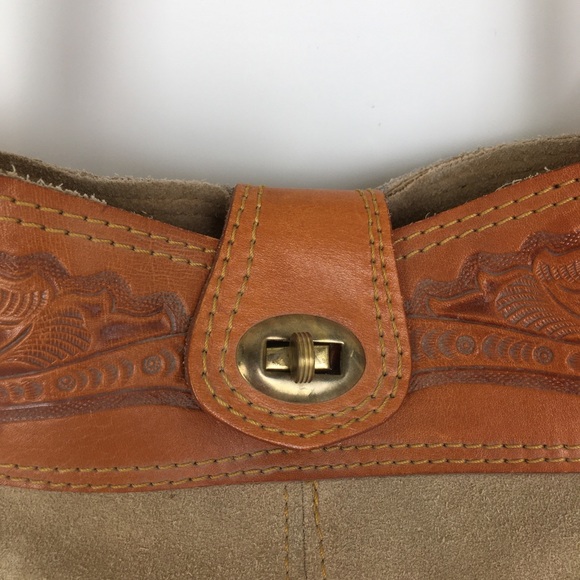 Vintage Mont-Abur Boho Tooled Leather Suede Shoulder Bag Purse Hippie Floral - Picture 4 of 15